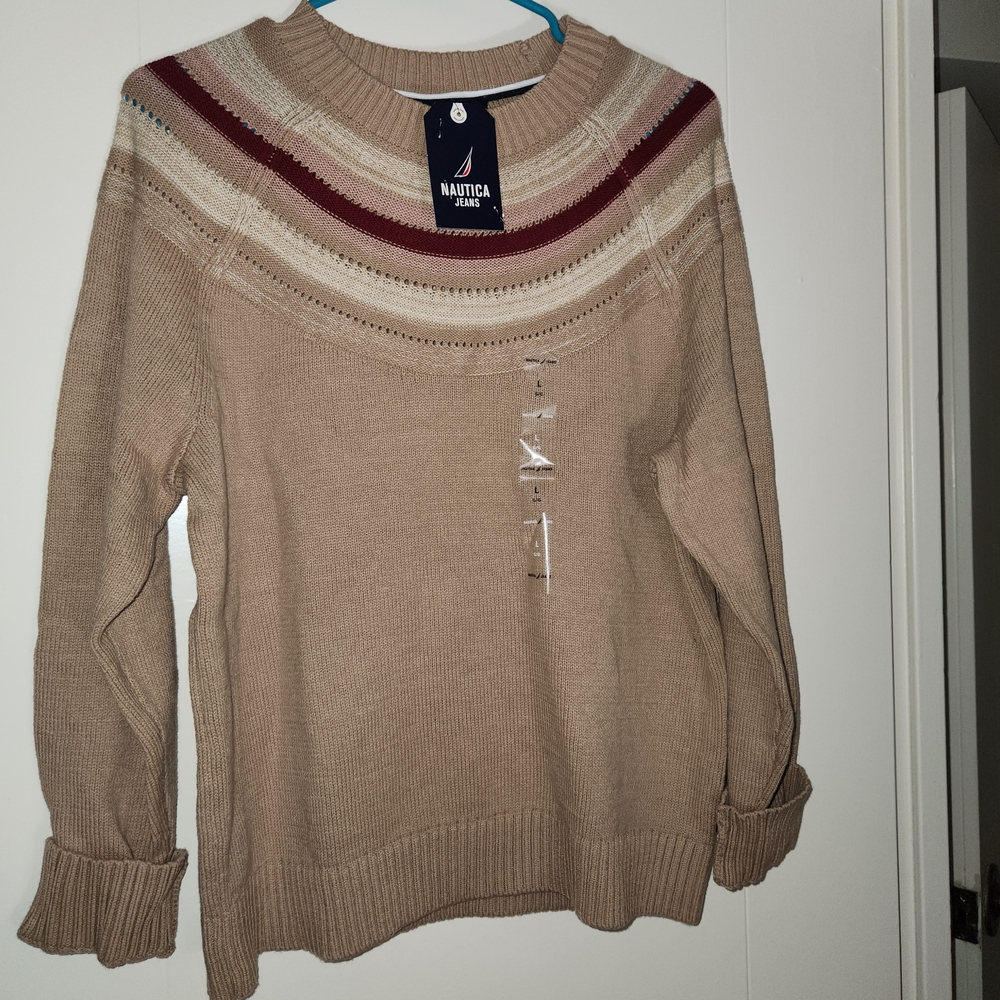 Nautica Women's Beige Sweater with Burgundy Stripes